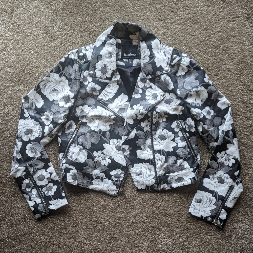 Sam Edelman Floral Cropped Faux Leather Jacket Black and White M